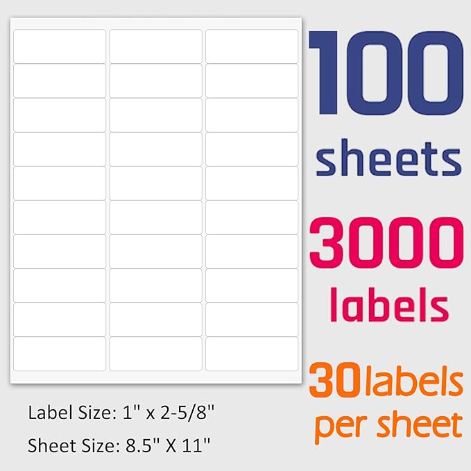 1" x 2 - 5/8" Shipping Address Labels 3000 Label Stickers Paper for Laser/Inkjet Printer 30 per Page Printable Mailing Labels - Matte, 100 Sheets | Laser Inkjet Printer Labels - TrueDesk