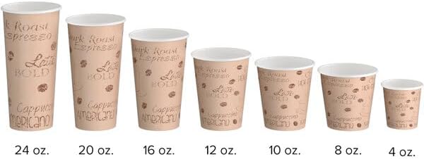 Disposable Paper Hot Cup, 12 oz, Brown Cafe Print, Single Wall Poly Coated, BPA Free, Round, 1000 Count