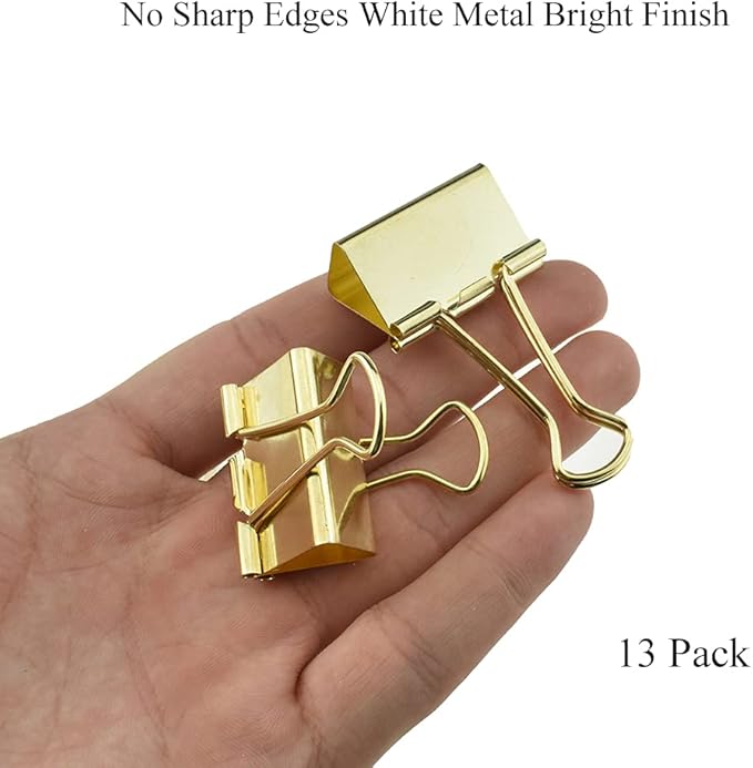HAHIYO Binder Clips Paper Clamps Spring Steel Sturdy Medium 1.26 inches Width 0.39 Inch Capacity No Sharp Edges Heavy Duty Tight Grip Reusable Gold Metal Bright Finish for Home Office School 13 Pack