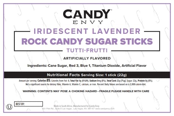 Candy Envy - Iridescent Lavender Rock Candy Sugar Sticks - Tutti Frutti Flavored - 24 Individually Wrapped Party Favors