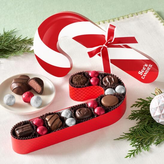 See’s Candies Christmas Candy Cane Chocolate Gift Box – Assorted Holiday Chocolates, Stocking Stuffer, Festive Candy Cane Shaped Box, 6.6 oz