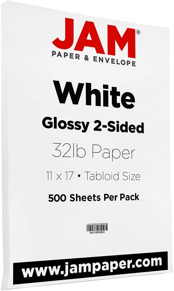 JAM PAPER Glossy Tabloid 32lb 2 Sided Paper - 120 GSM - 11 x 17 - White - 500 Sheets/Pack