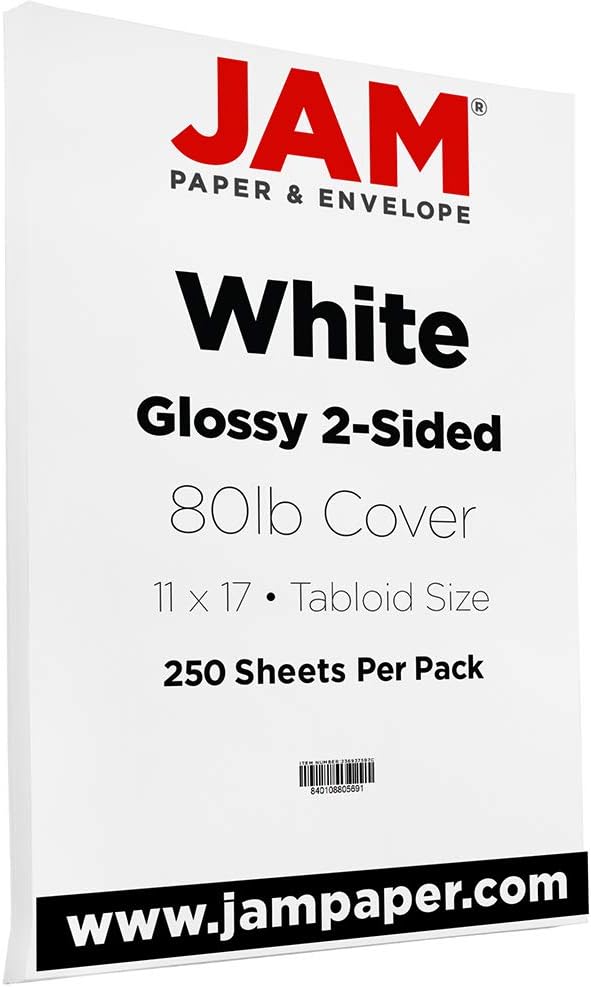 JAM PAPER Tabloid 80lb Cardstock - Glossy 2-Sided - 11 x 17 Coverstock - 216 GSM - White - 250 Sheets/Pack