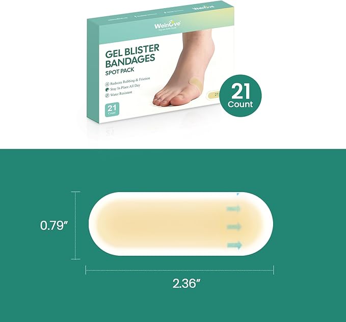 Gel Blister Hydrocolloid Bandages - Welnove 21ct Blister Cushions (Bunion Pack) - Blister Bandages for Heel, Toe & Foot - Blister Pads for Prevention & Recovery - Water Resistant