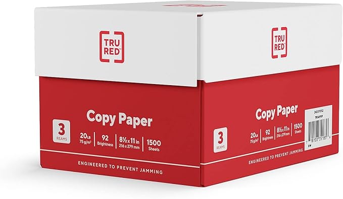 Staples TRU RED Copy Paper, 8.5" x 11", 92 Brightness, Smooth Finish Printer Paper, 20 lbs., 500 Sheets/Ream, 3 Reams/Carton, White