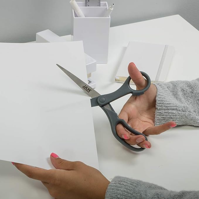 JAM PAPER Multi-Purpose Precision Scissors - 8 Inch - Grey - Ergonomic Handle & Stainless Steel Blades - Sold Individually