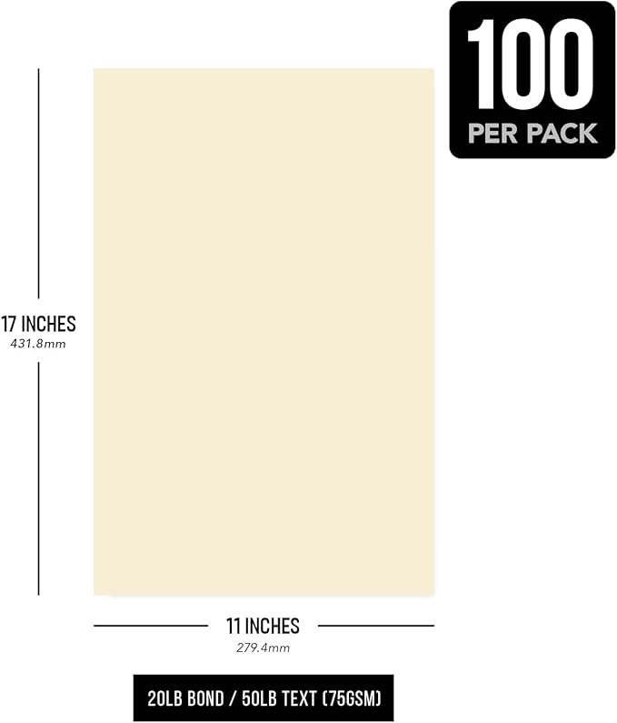 Cream Pastel Colored Paper - Perfect for Documents, Invitations, Posters, Flyers, Menus, Arts and Crafts | 11" x 17" | Regular 20lb Bond (75gsm) Paper - Smooth Finish | Bulk Pack of 100 Sheets