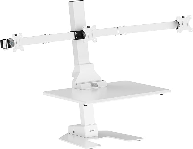Mount-It! Triple Monitor Electric Standing Desk Converter - 3 Monitor Standing Desk is Height Adjustable, Sit-Stand Converting Desk for Home, Office Monitor Mounts Fits Screens up to 32" White