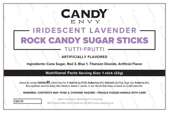 Candy Envy - Iridescent Lavender Rock Candy Sugar Sticks - Tutti Frutti Flavored - 144 Indiv. Wrapped