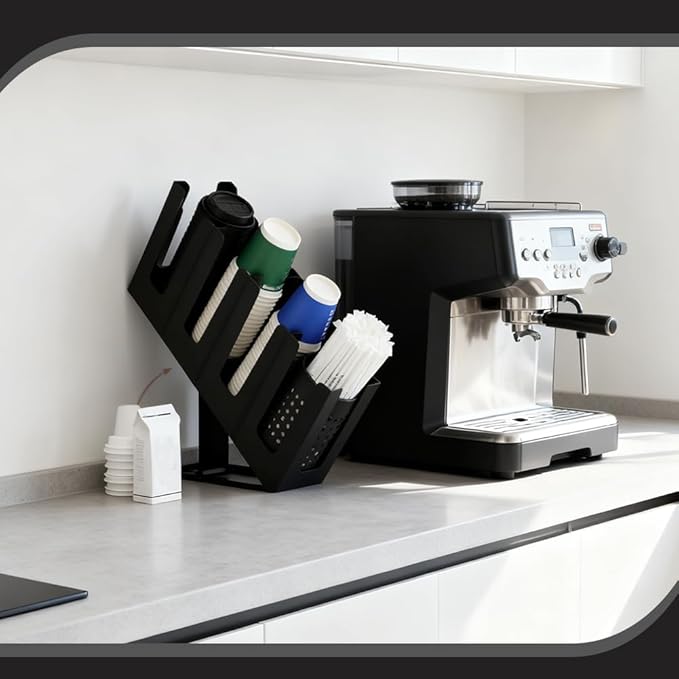 Coffee Cup Dispenser Plastic Disposable Paper Cup and Lid Holder with 4 Compartment Adjusting for Countertop Coffee Station Bar Office Home Restaurant Kitchens (Black)