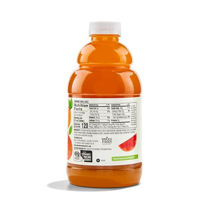 365 by Whole Foods Market, Organic 100% Juice, Flavored Juice Blend from Concentrate, Orange Mango, 32 Fl Oz (Pack of 2)