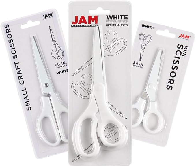 JAM PAPER Multi Purpose Scissors Set - White - Assorted Sizes - Ergonomic Handle & Stainless Steel Pointed Tip Blades - 3/Pack