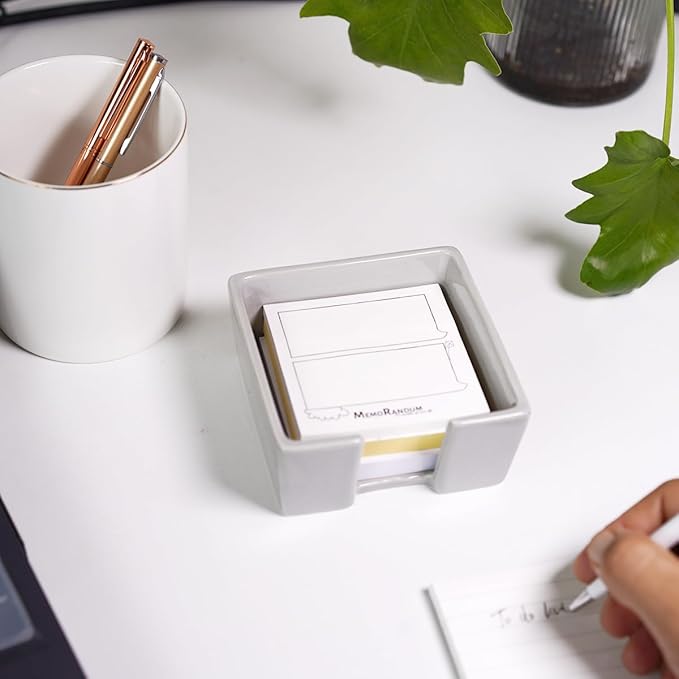 Ceramic Sticky Note Holder, 3 x 3" Sticky Note Dispenser, Notepad Holder for Desk, Office Essentials Organizer (Grey)