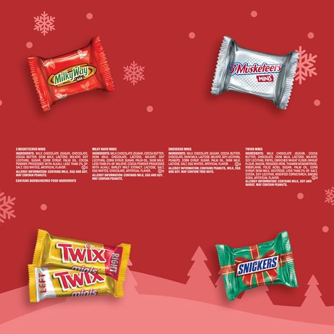 SNICKERS, TWIX, MILKY WAY & 3 MUSKETEERS Minis Milk Chocolate Candy Variety Pack, Individually Wrapped Christmas Candy Stocking Stuffers, 70 Ct Bulk Bag