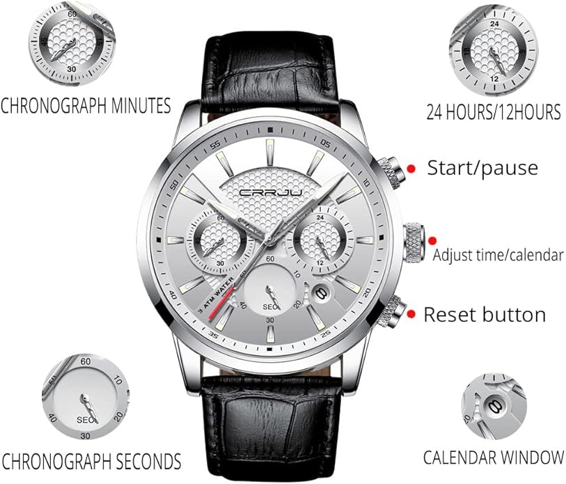 CRRJU Men's Business Casual Chronograph Quartz Waterproof Wristwatch Black Leather Strap
