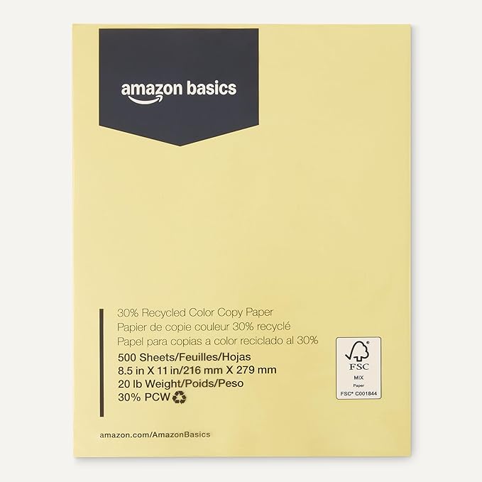 Amazon Basics 30% Recycled Color Copy Paper, 8.5" x 11", 20lb, 500 Sheets, Pastel Canary