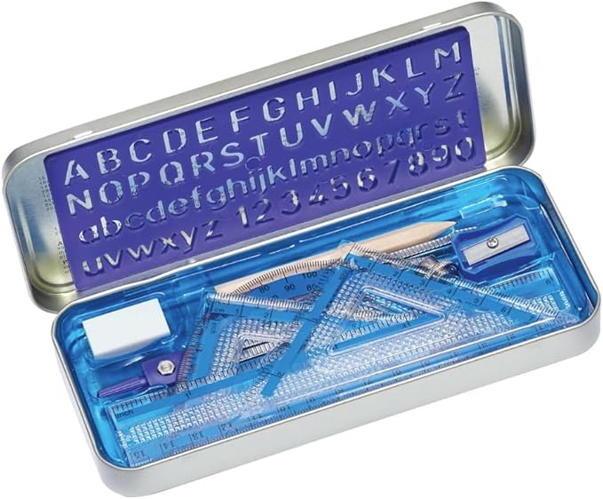STAEDTLER 10-Piece Math Set with Metal Compass 24-Pack (24 Sets of 10 pcs), 6" Ruler & Triangle Squares, 45° & 30/60° Set Squares, Alphabet Stencil - Measuring Tools, 240 Count
