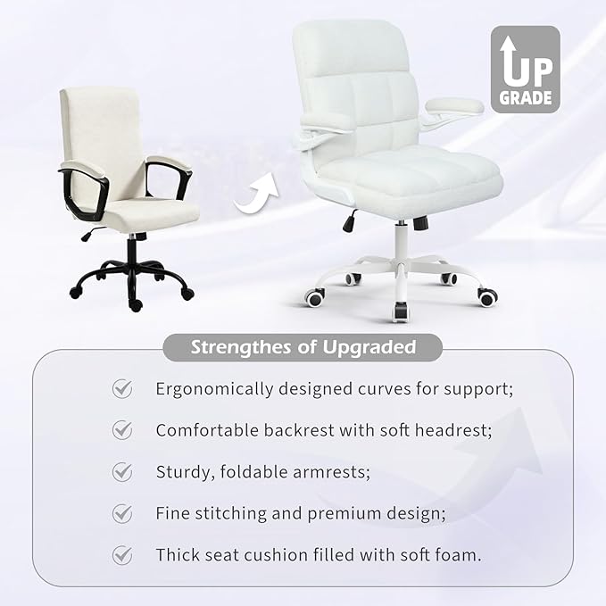 Office Chair with Wheels, Ergonomic Home Office Computer Chair with Flip-up Armrest, Comfy Adjustable Rolling Desk Chair Teddy Fleece – Beige