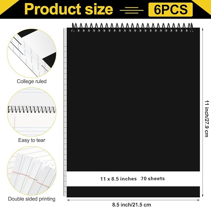 6 Pcs Legal Pad Top Spiral Bound Notebook 70 Sheets Wirebound Notepad Double Sided Ruled Memo Steno Pad with Stiff Back Cover for Business(8.5 x 11 Inches,No Holes,White)