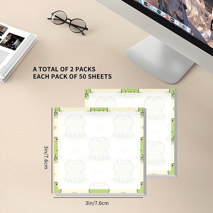 Sticky Notes 3x3 Inches, 2 Pack Cute Colorful Bright Self-Stick Note Pads, Easy to Post for Home, Office, Notebook, Meeting Cute Green Frog