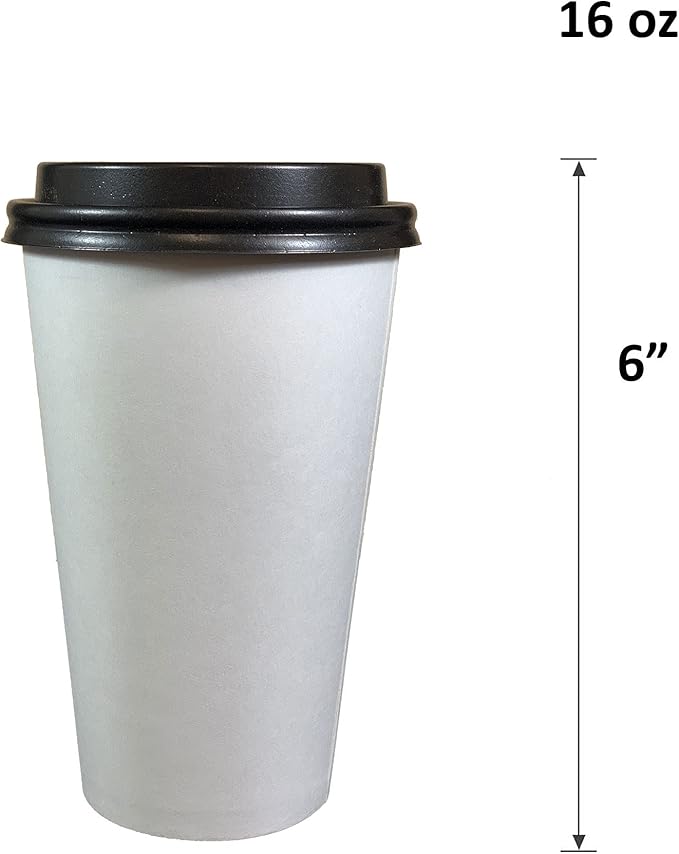 Disposable White Paper Cups with Black Lids Coffee Cups with Lids 400 sets (16oz)
