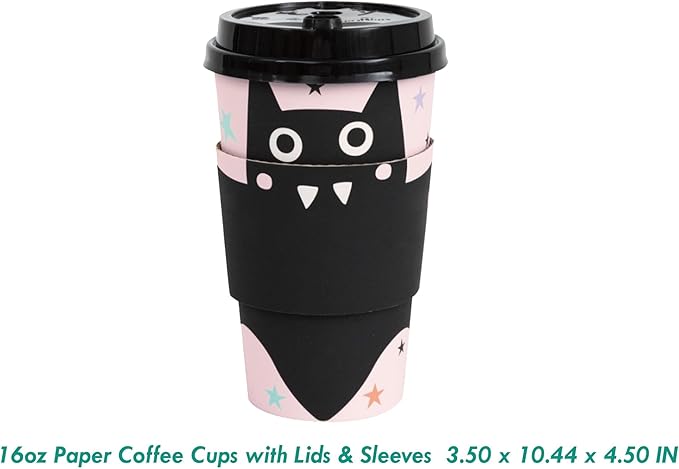 HOME & HOOPLA Halloween Party Pastel Hauntings Black Bat 16oz Paper Coffee Cups with Lids & Sleeves (Serves 16) – Spooktacular Bat Treat Cups