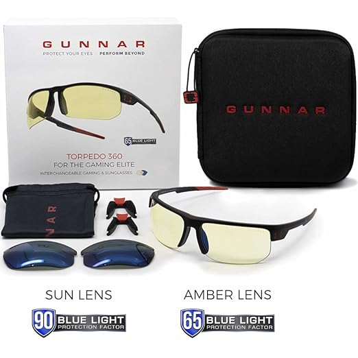 Gaming Glasses | Blue Light Blocking Glasses | Torpedo 360/Onyx by GUNNAR | 65% Blue Light Protection & Sun Lens, 100% UV Light, Anti-Reflective To Protect & Reduce Eye Strain & Dryness