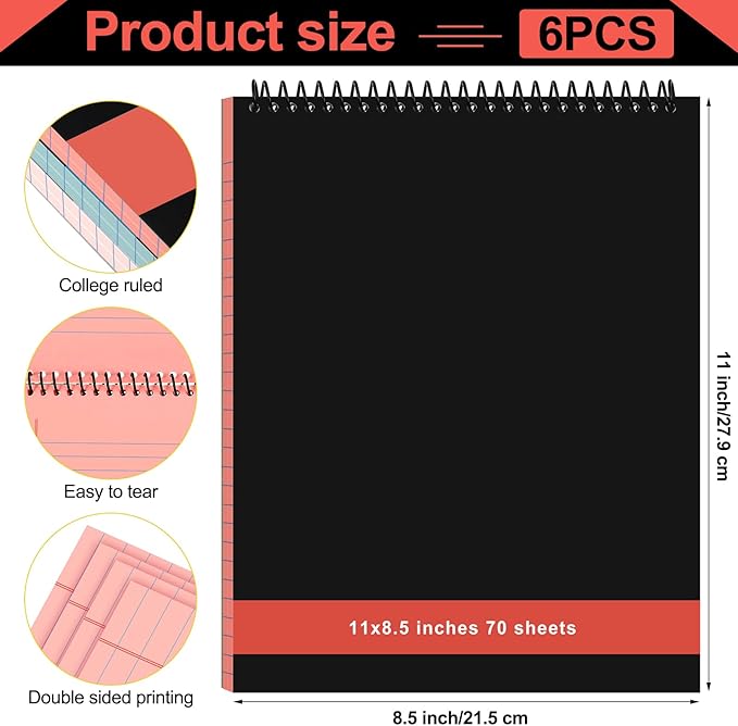 6 Pcs Legal Pad Top Spiral Bound Notebook 70 Sheets Wirebound Notepad Double Sided Ruled Memo Steno Pad with Stiff Back Cover for Business(8.5 x 11 Inches,No Holes,Retro Colors)