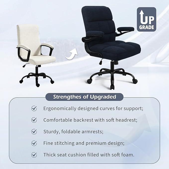 Office Chair with Wheels, Ergonomic Home Office Computer Chair with Flip-up Armrest, Adjustable Rolling Desk Chair Teddy Fleece – Dark Blue