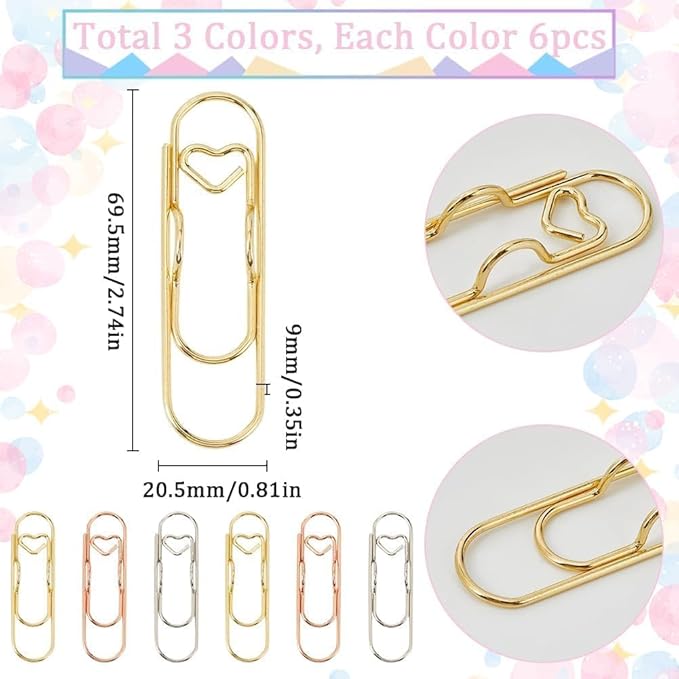 Metal Pencil Clips, 6pcs 3 Colors Heart Pen Clip Metal Pencil Clips Multifunctional Rose Gold Silver Carbon Steel Paperc, Heart Pen Clip for Notebook, for Notebooks and Papers (30PCS)