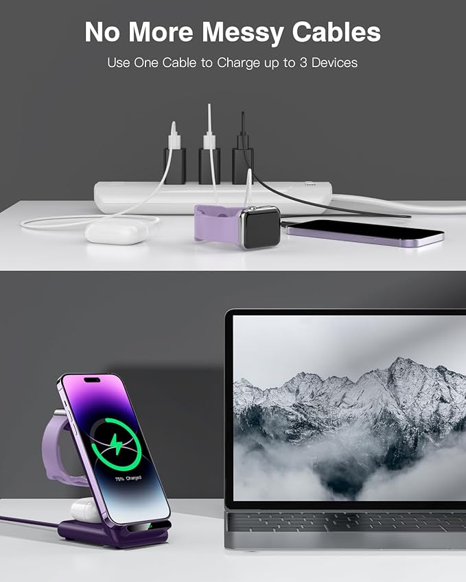 Wireless Charging Station,3 in 1 Charging Stand Made for Apple Watch Ultra 11 10 9 8 7 6 SE 5 4 3,Fast Wireless Charger Made for iPhone 17/Air/16/15/14/13/12,for AirPods Pro 3(with Adapter) (Purple)