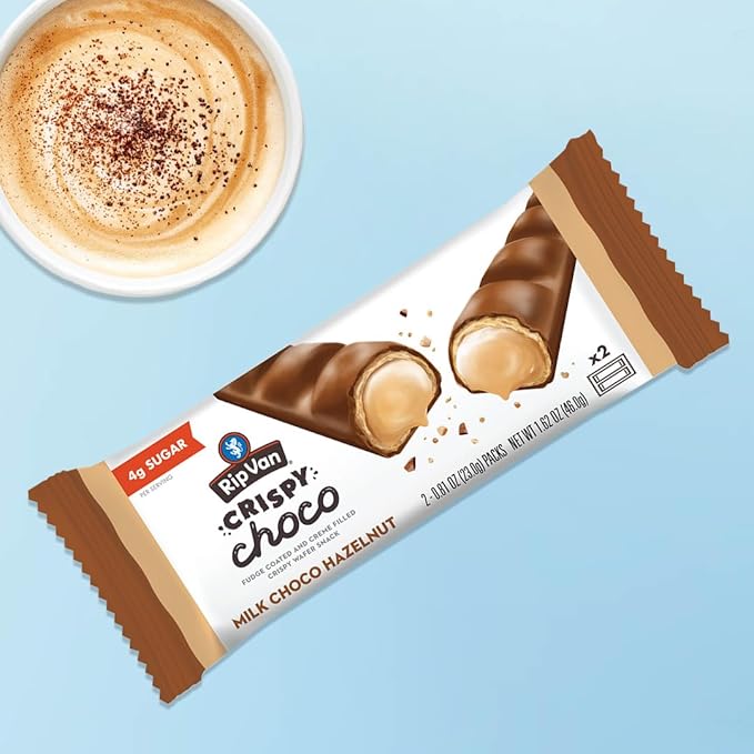 Rip Van Crispy Choco - Milk Chocolate Coated Hazelnut Wafer Bars - Low Sugar Fudge and Hazelnut Cream Filled Snack - 12 Pack