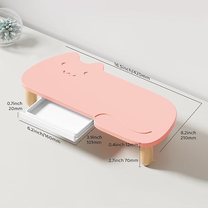 Monitor Stand Riser, Cat-Shaped Sturdy Wood Multi-Purpose Desktop Organizer for Computer, Laptop, Printer, TV, Pink