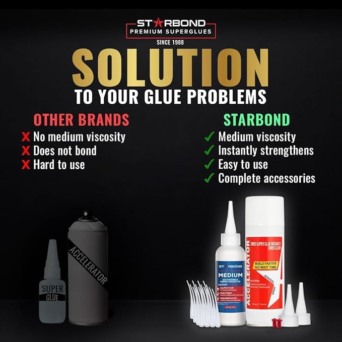 Starbond 4 oz Medium CA Glue with 6 oz Activator Bundle, Premium Cyanoacrylate Super Glue, for Quick Repair, Woodworking, Woodturning, Hobby Models