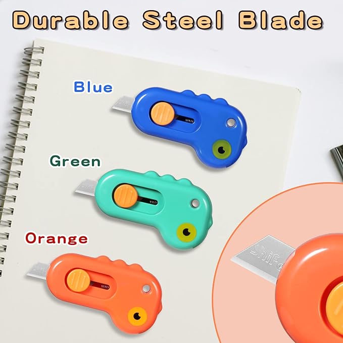 Vickay 6 Pieces Mini Box Cutter Retractable Utility Knife Letter Opener Paper Envelope Portable Cutter with Hole for Home Office and DIY Project, Cute Dinosaur Shape