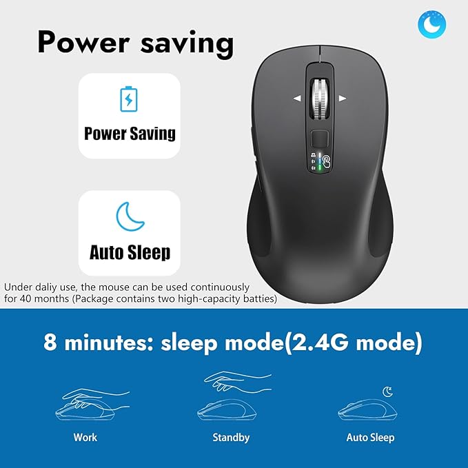Wireless Bluetooth Mouse (USB + BT1 + BT2), Full Size, 4-Way Scrolling, Multi-Device Silent Mouse for Computer, Laptop, iPad, MacBook (Grey)