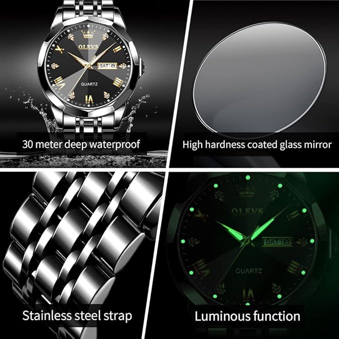 OLEVS Watches for Men Diamond Business Dress Analog Quartz Stainless Steel Date Luxury Casual Fashion Wrist Watch Waterproof Luminous