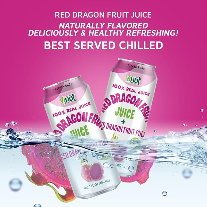 VINUT 100% Red Dragon Fruit Juice with Pulp (Pitaya), No Added Sugar, Not From Concentrate, 16.57 fl oz (490 mL) Can, Pack of 6