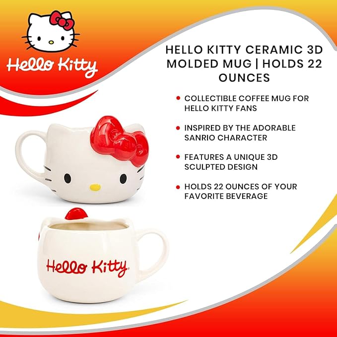 Silver Buffalo Hello Kitty Face Ceramic 3D Sculpted Mug, 22-Ounces