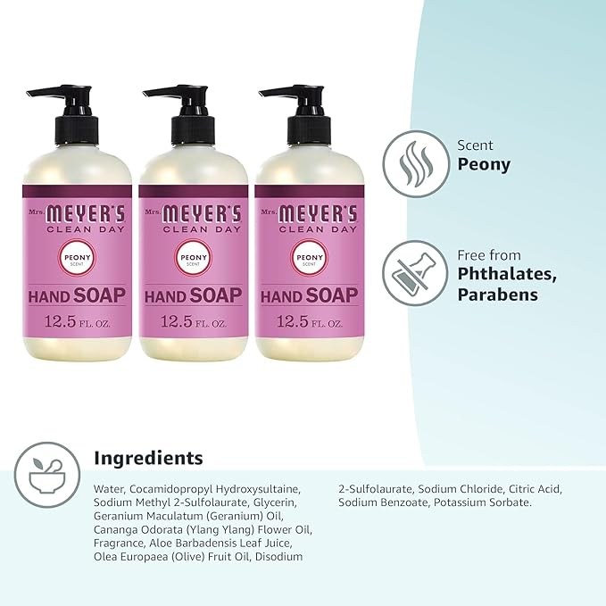 Mrs. MEYER'S CLEAN DAY Hand Soap, Made with Essential Oils, Biodegradable Formula, Peony, 12.5 fl. oz (Pack of 6)