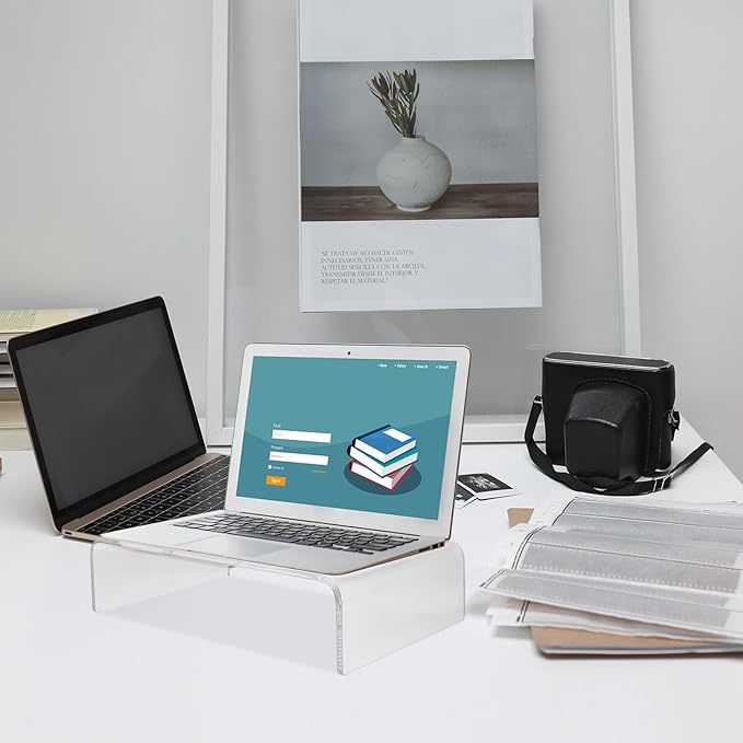 jojofuny Acrylic Monitor Stand Riser for Desk Transparent Laptop Computer Riser with Smooth Edges Ergonomic Height Boost for Home Office Relieves Neck and Eye Strain and Sturdy Design