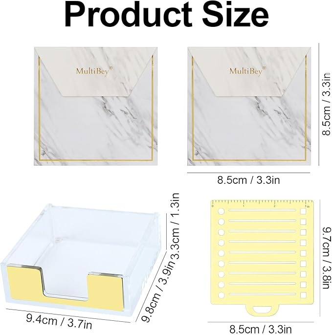 MultiBey Sticky Notes Memo Pad Holder with Stencil, 2 Pads Sticky Notepad 3X3, Gold Clear Post it Note Holder Desk Supplies Organizer Accessories for Office Home Schools(Transparent Gold)