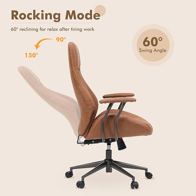 High Back Home Office Chair,Mid Century Modren Ergonomic Executive Chair,Lumbar Support Swivel Task Chair with Wheels,Computer Desk Chair Suede Fabric,350LBS (Brown)