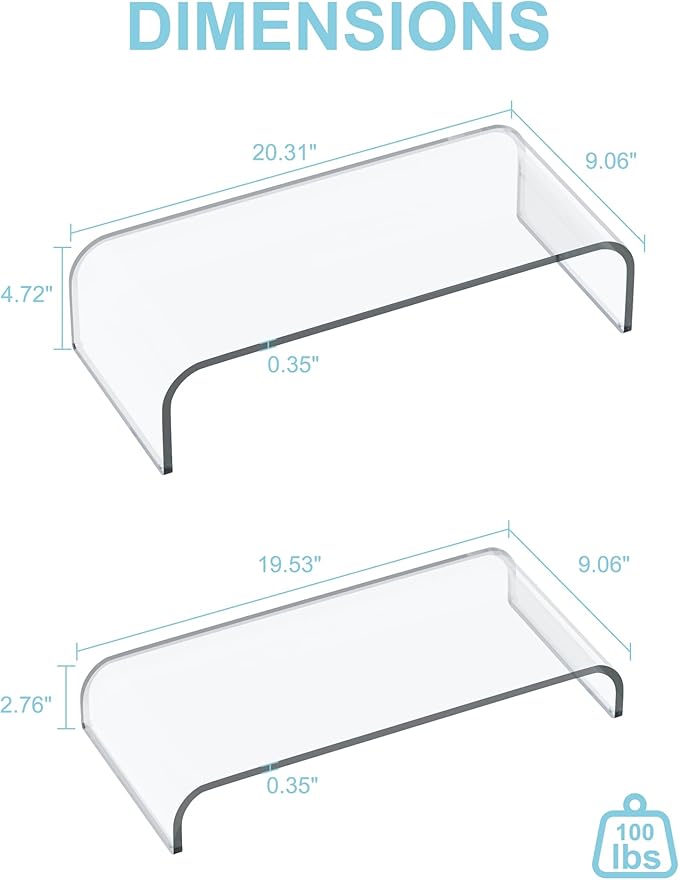 Acrylic Dual Monitor Stand Riser 2 Tier, Modular Laptop Stand for Desk, Multifunctional Desktop Organizer Shelf for PC, iMac, Printer, Detachable Monitor Stand for Office or Home, Clear