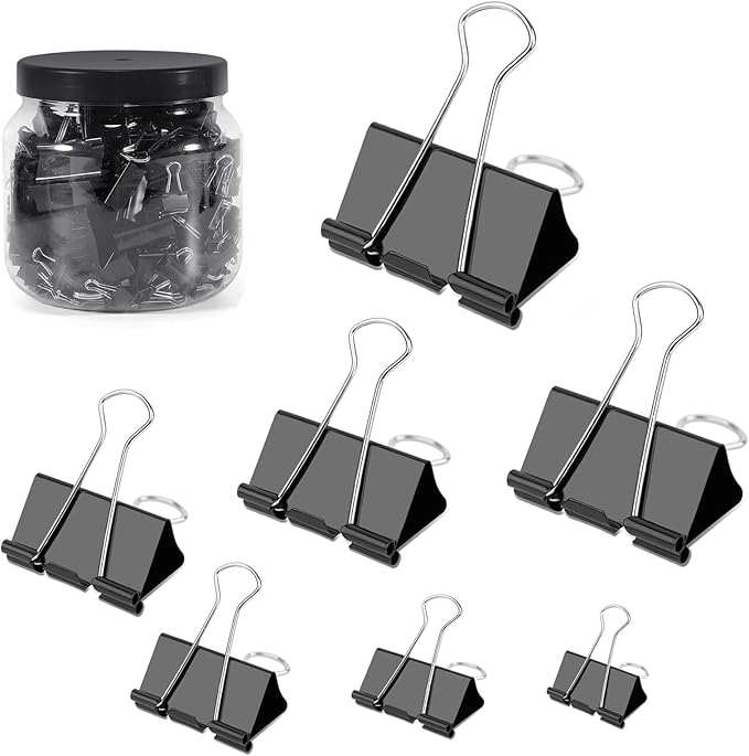 Ufmarine Binder Clips Paper Clips Assorted Sizes 200 Count (Black), Extra Large, Large, Medium, Small, Mini and Micro,6 Sizes with Box for Office, School and Home