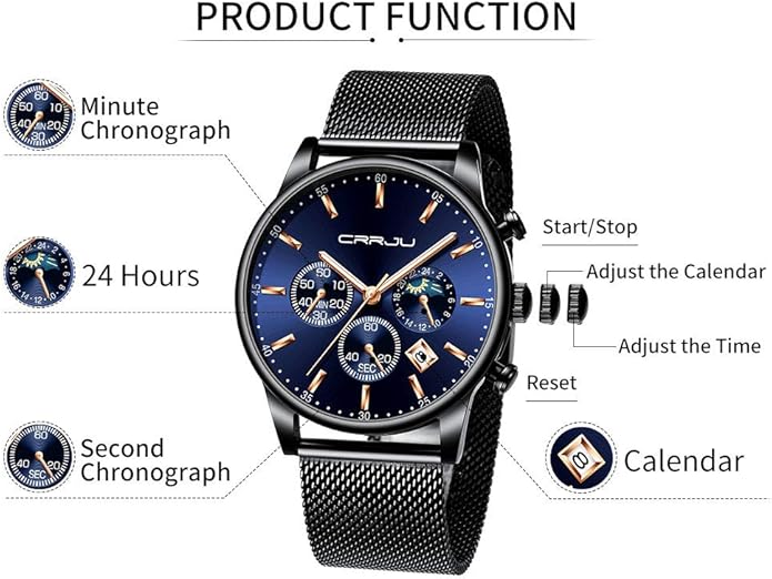 CRRJU Men's Fashion Casual Watches Auto Date Chronograph Watch Men Nice Work Watches Waterproof 30M Full Steel Quartz with Mesh Strap
