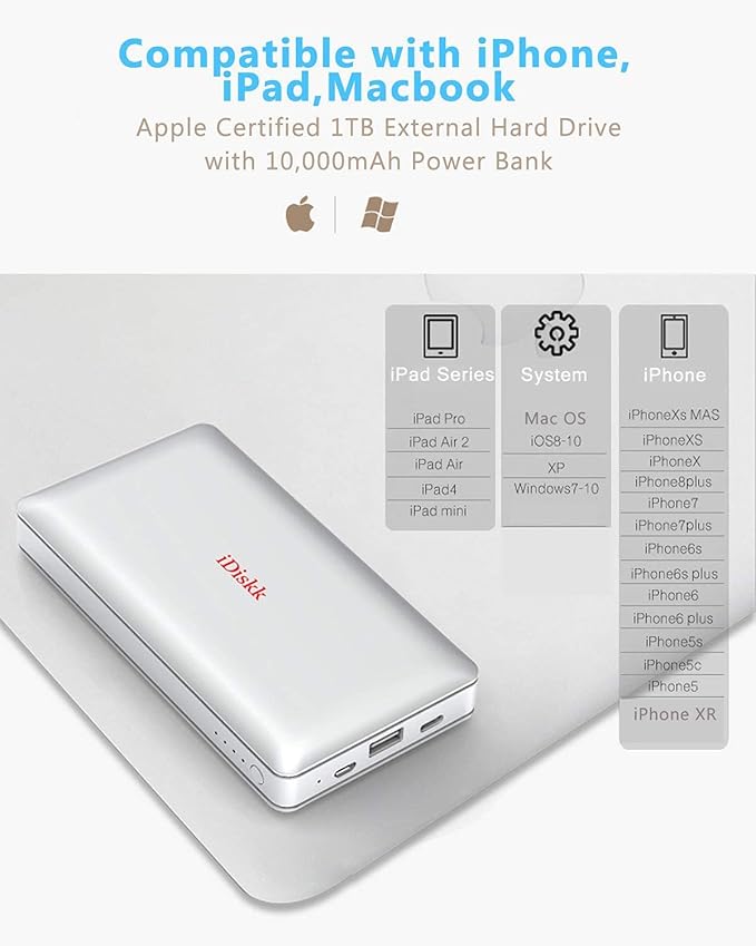 iDiskk App-le MFi Certified 1TB External Hard Drive for iPhone iPad Android Phones,MacBook,Computer to Backup Docs| Photos | Videos,iPhone 17 & 16 Hard Disk,10000mAh Power Bank