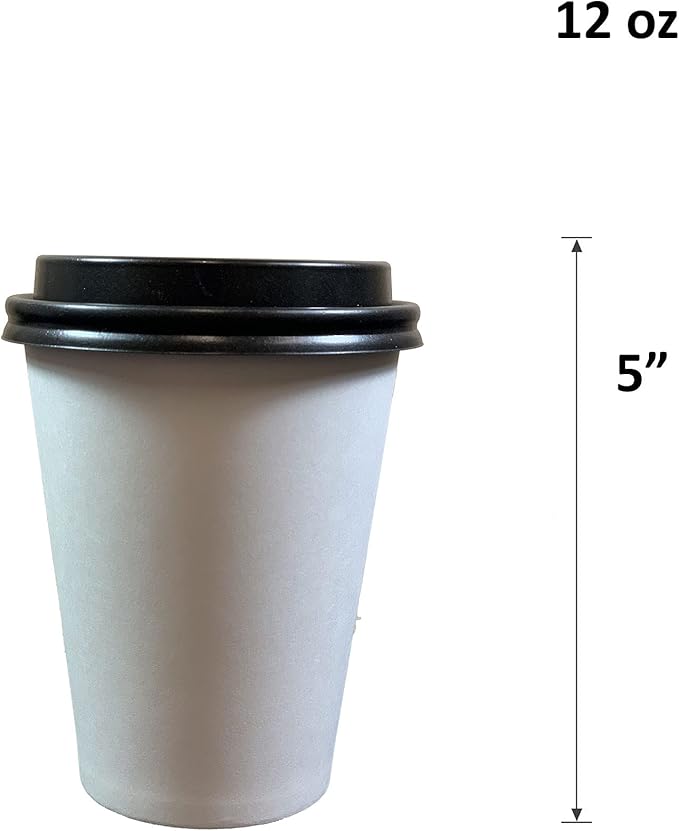 400 sets Disposable White Paper Cups with Black Lids Coffee Cups with Lids (12oz)