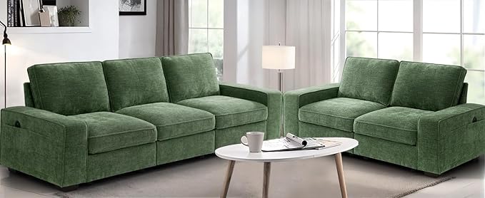 TEKAMON 73" Modular Sofa Couch with Seat Storage, Comfy 2-Seater Chenille Fabric Loveseat Sofa for Living Room, Office, Apartment W/Deep Seat, Wide Armrest, USB Charing Removable Cover(Green)