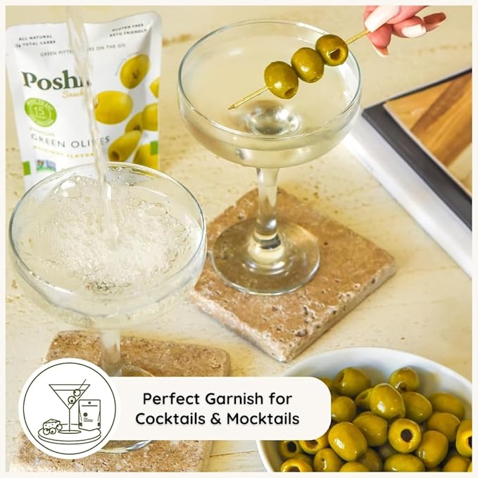 Poshi Green Olives On-The-Go - Original Flavor - Single Serve Pitted Olives - Convenient and Healthy Snack Packs - All Natural, Non-GMO, Kosher, Gluten-Free - 1.1 Oz Bags (30/Pack)
